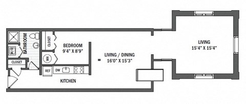 Floor plan for 1 bed, 1 bath, 872 sqft